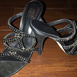 Black strapless rhinestone heels